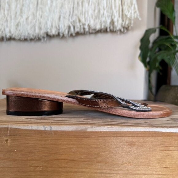 Athena Alexander Metallic Brown Rhinestone Embellished Low Heeled Thing Sandal - Picture 7 of 13